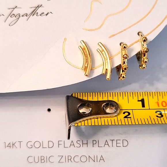 NEW Gold-Plated Earrings 2 Pairs! Studded Huggie Hoops & Curved Double Bar Studs - Picture 11 of 12